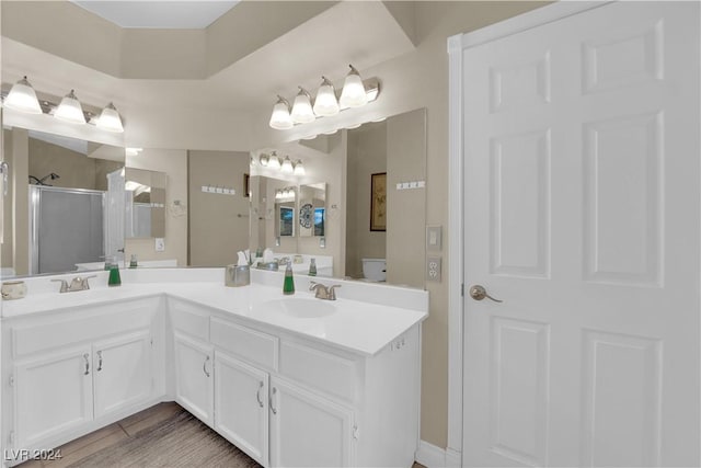 bathroom featuring vanity, toilet, and a shower with door