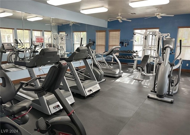 workout area with a healthy amount of sunlight and ceiling fan