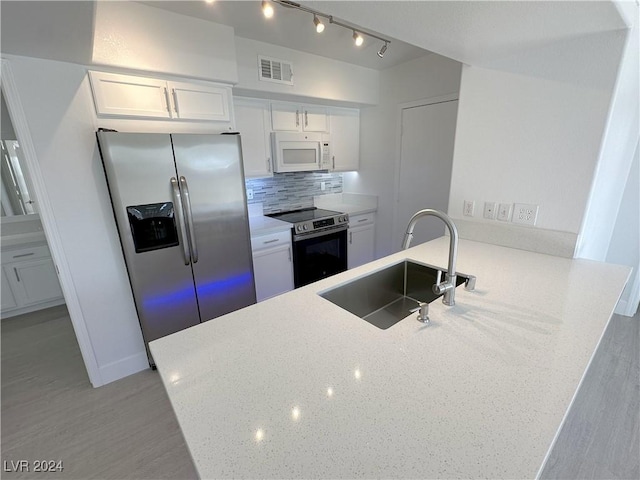 kitchen featuring a sink, visible vents, white cabinetry, appliances with stainless steel finishes, and backsplash