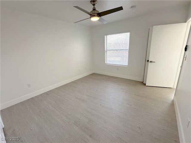 unfurnished bedroom featuring a ceiling fan, baseboards, and light wood finished floors