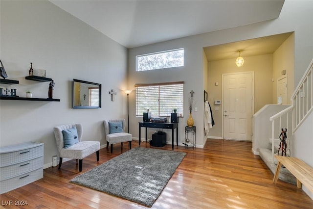 foyer entrance with a towering ceiling and hardwood / wood-style flooring