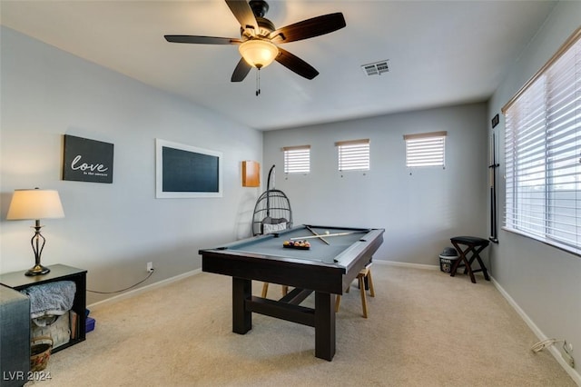 playroom featuring light colored carpet, ceiling fan, and pool table