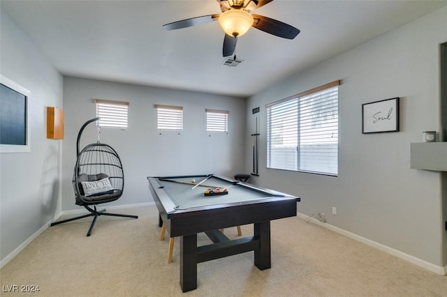 game room featuring light colored carpet, ceiling fan, and billiards