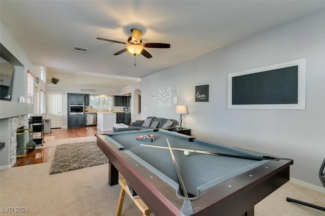 recreation room with ceiling fan, carpet floors, and billiards