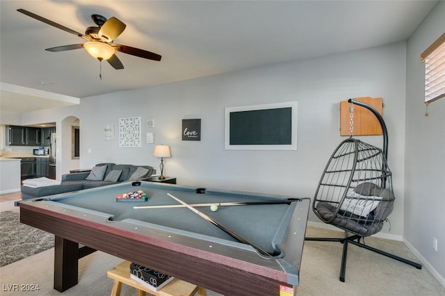 playroom featuring ceiling fan, light carpet, and billiards