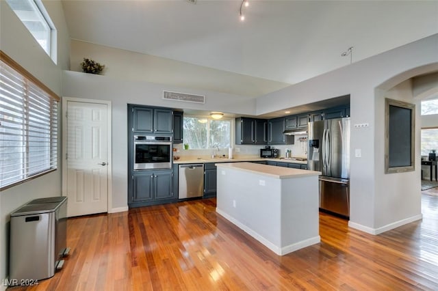 kitchen featuring a healthy amount of sunlight, a center island, stainless steel appliances, and light hardwood / wood-style floors