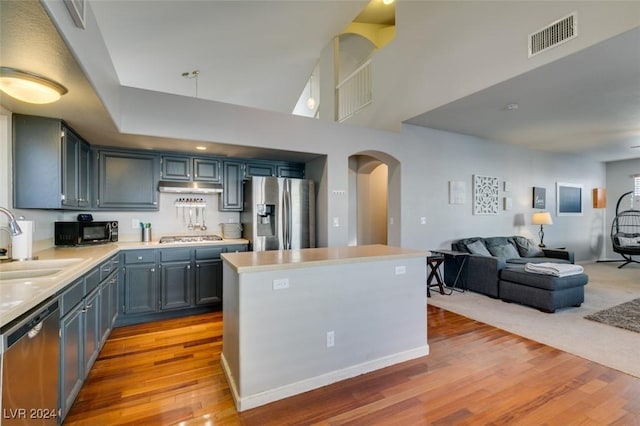 kitchen with a center island, light hardwood / wood-style floors, sink, and appliances with stainless steel finishes