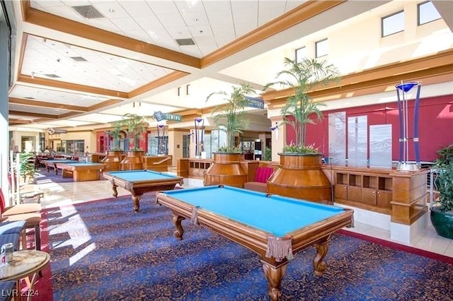 recreation room featuring beam ceiling, light tile patterned floors, billiards, and coffered ceiling