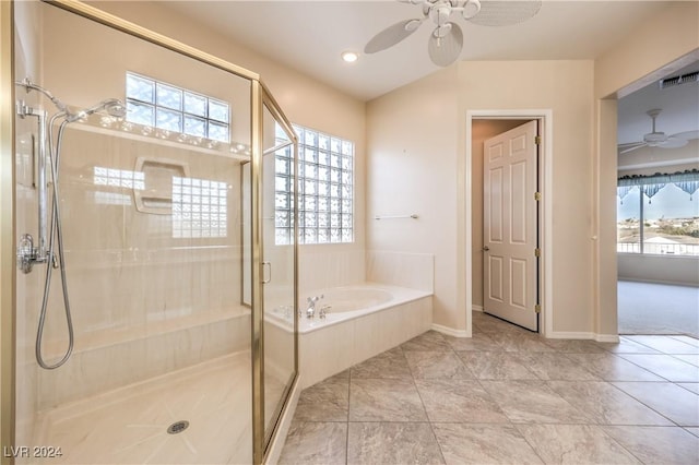 bathroom featuring tile patterned flooring, ceiling fan, and separate shower and tub