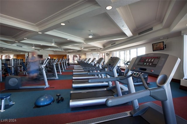 gym featuring crown molding, coffered ceiling, and ceiling fan