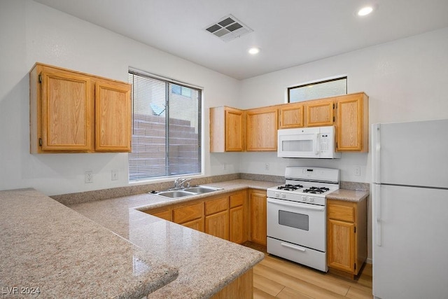 kitchen featuring kitchen peninsula, sink, white appliances, and light wood-type flooring