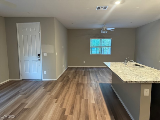 interior space with ceiling fan, dark hardwood / wood-style flooring, and sink