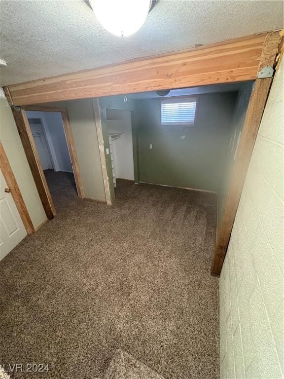 basement featuring carpet flooring and a textured ceiling