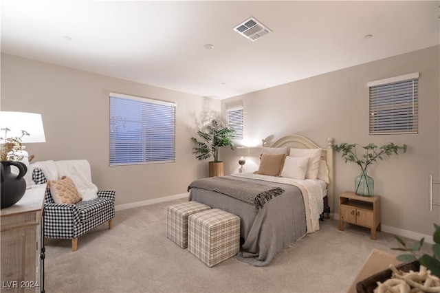 bedroom with light carpet