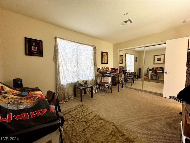 bedroom with carpet and a closet