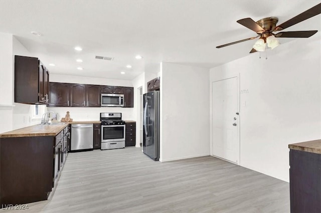 kitchen with dark brown cabinetry, ceiling fan, sink, wooden counters, and appliances with stainless steel finishes