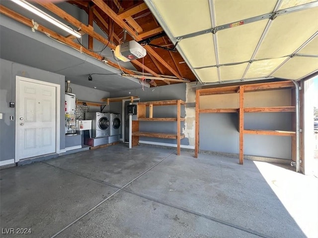 garage with separate washer and dryer, a garage door opener, and water heater