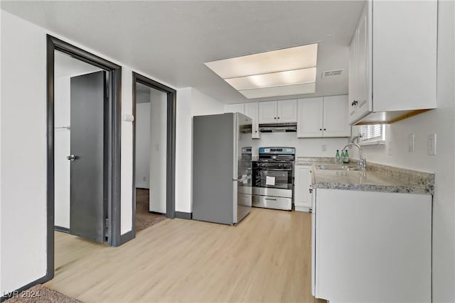 kitchen featuring white cabinetry, sink, light hardwood / wood-style floors, and appliances with stainless steel finishes