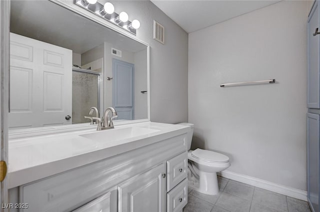 bathroom featuring tile patterned floors, vanity, toilet, and a shower with shower door