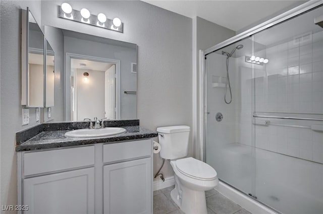 bathroom featuring tile patterned flooring, vanity, toilet, and walk in shower