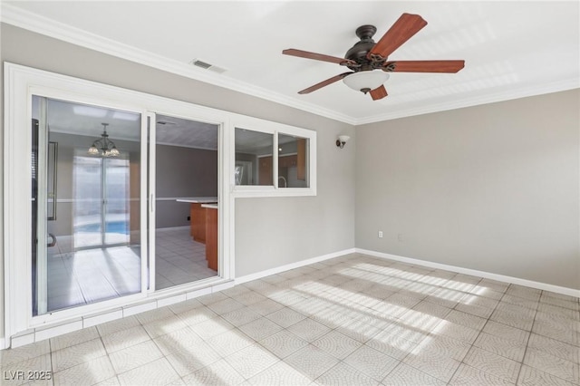 empty room with ornamental molding and ceiling fan with notable chandelier