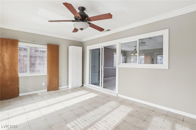 unfurnished room featuring ceiling fan with notable chandelier and ornamental molding