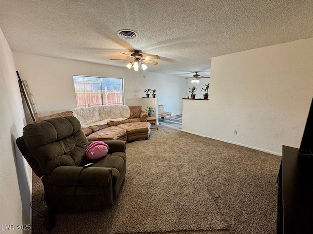 carpeted living area with a textured ceiling, ceiling fan, visible vents, and baseboards