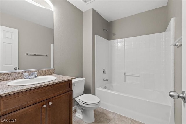 full bathroom with bathtub / shower combination, vanity, toilet, and tile patterned flooring