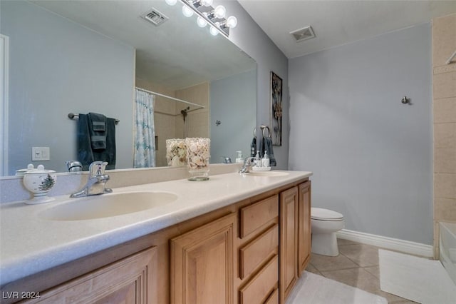 full bathroom with tile patterned floors, vanity, shower / bath combination with curtain, and toilet