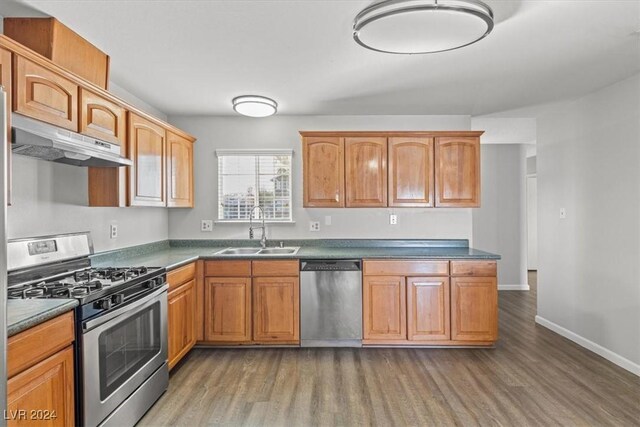 kitchen with appliances with stainless steel finishes, hardwood / wood-style flooring, and sink