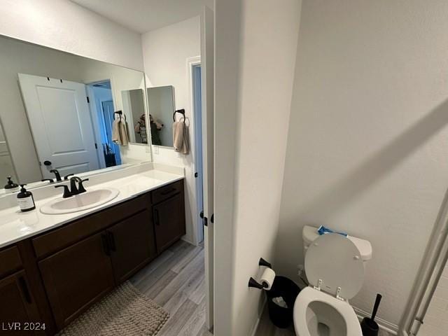 bathroom featuring vanity, toilet, and wood finished floors