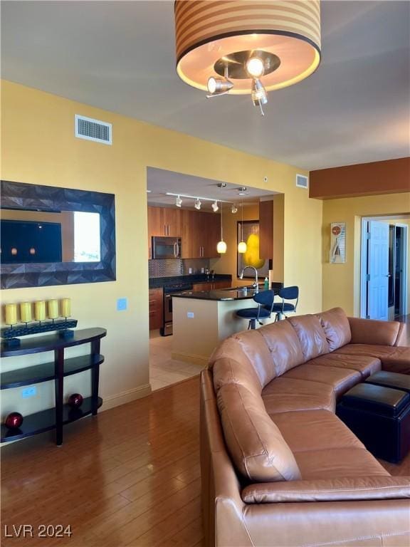 living room with sink and dark wood-type flooring