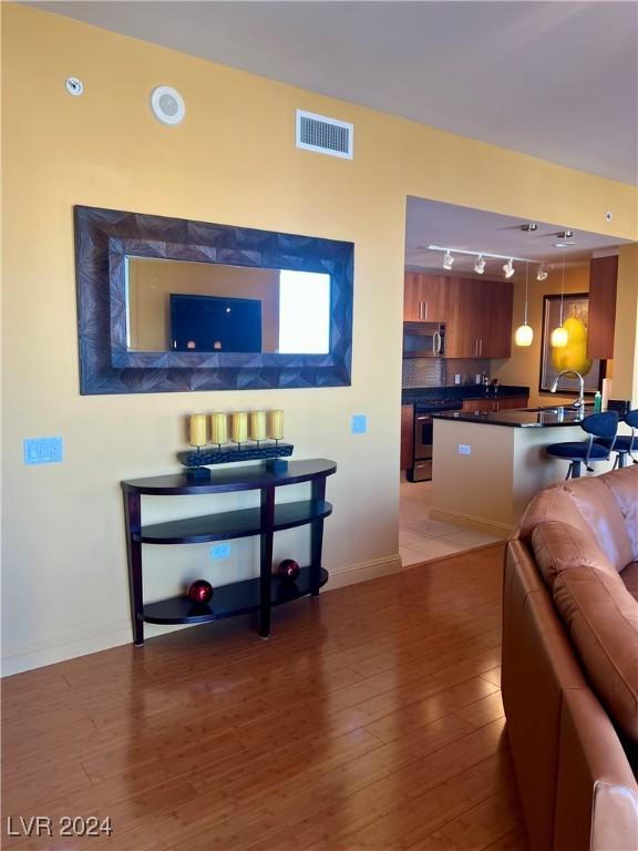 living room with wood-type flooring and sink