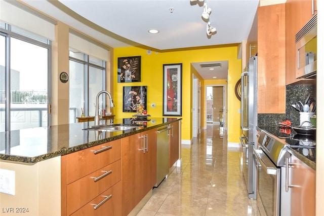 kitchen featuring dark stone counters, sink, decorative backsplash, an island with sink, and stainless steel appliances