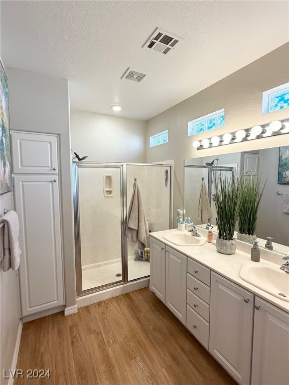 bathroom with vanity, wood-type flooring, a textured ceiling, and walk in shower