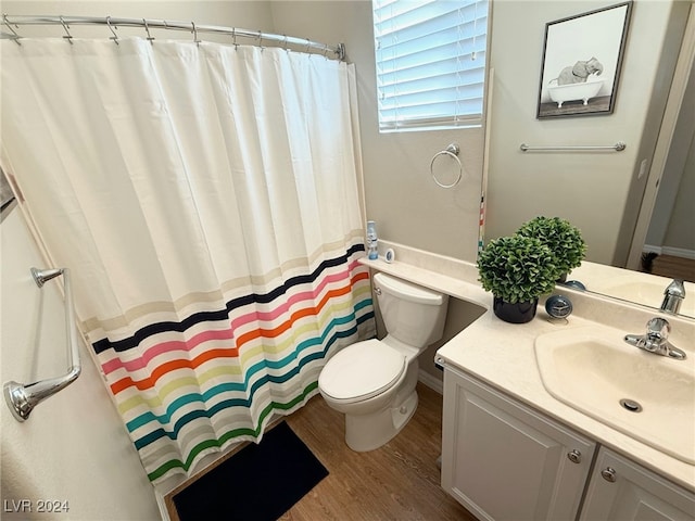 bathroom with vanity, wood-type flooring, and toilet