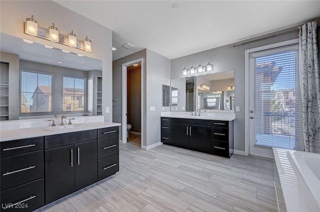 bathroom with vanity, a bath, and toilet