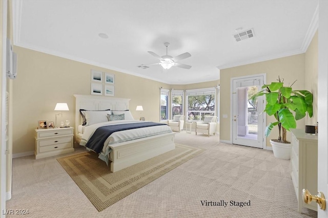 bedroom with access to exterior, light colored carpet, ceiling fan, and ornamental molding