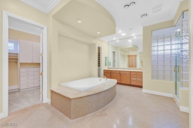 bathroom with separate shower and tub, crown molding, tile patterned floors, and vanity