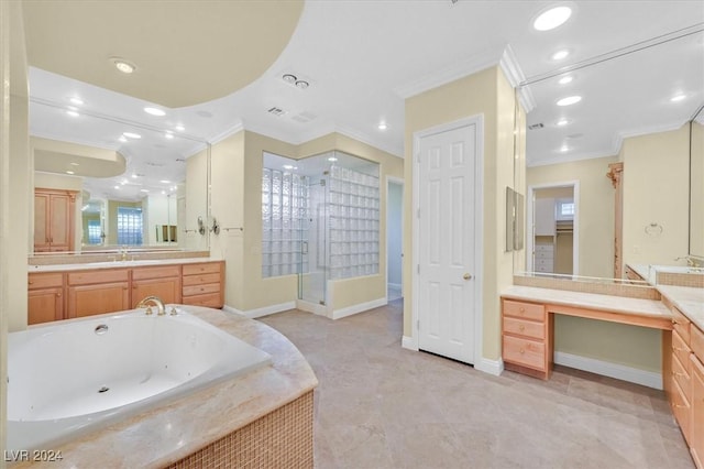 bathroom with tile patterned floors, vanity, crown molding, and tiled tub