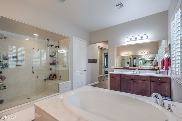 bathroom with vanity and separate shower and tub