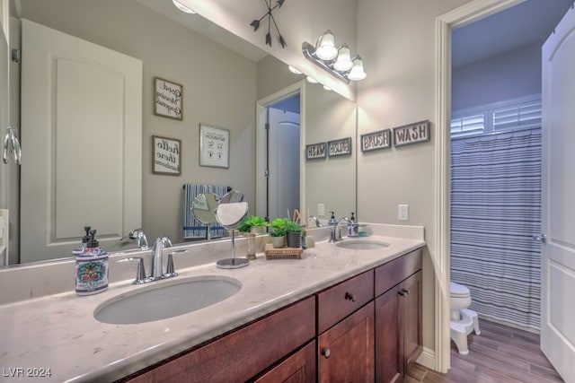 bathroom with hardwood / wood-style floors, vanity, and toilet