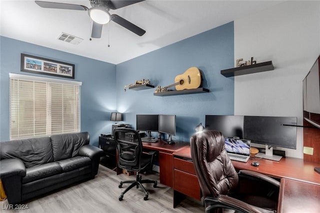 office featuring ceiling fan and light wood-type flooring