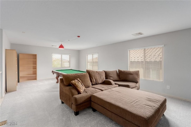 playroom featuring light carpet and billiards