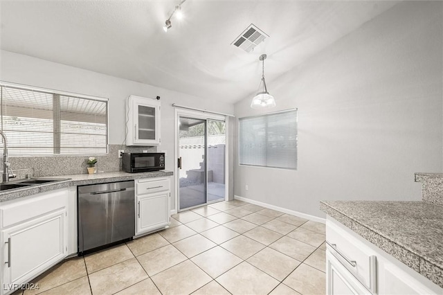 kitchen with light tile patterned floors, visible vents, a sink, black microwave, and dishwasher