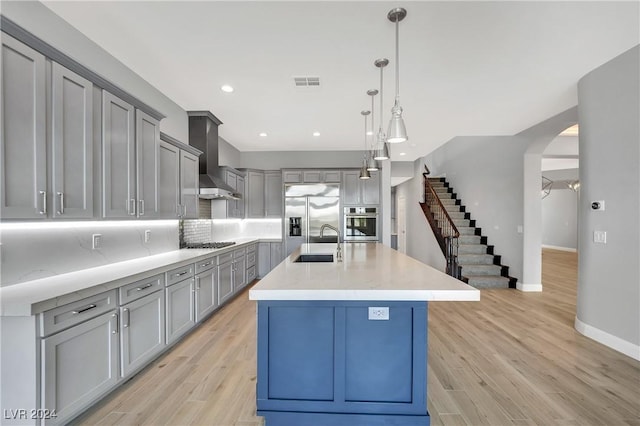 kitchen featuring a center island with sink, decorative light fixtures, sink, and appliances with stainless steel finishes