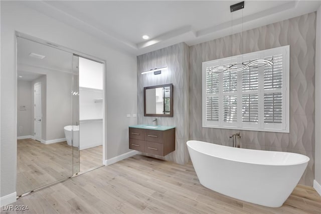 bathroom featuring hardwood / wood-style floors, vanity, a raised ceiling, and a bathtub