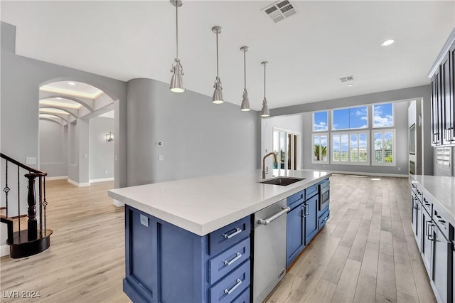 kitchen with blue cabinetry, sink, stainless steel dishwasher, pendant lighting, and a center island with sink