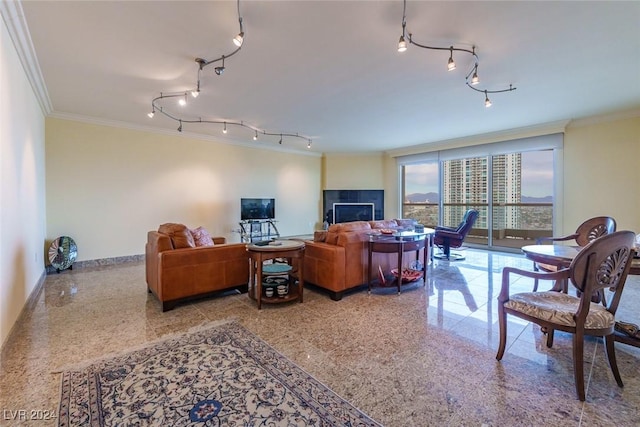 living room with ornamental molding