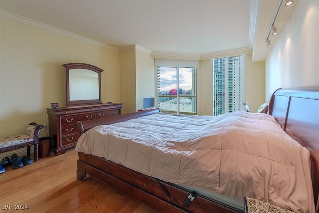 bedroom featuring light wood-type flooring, rail lighting, and ornamental molding